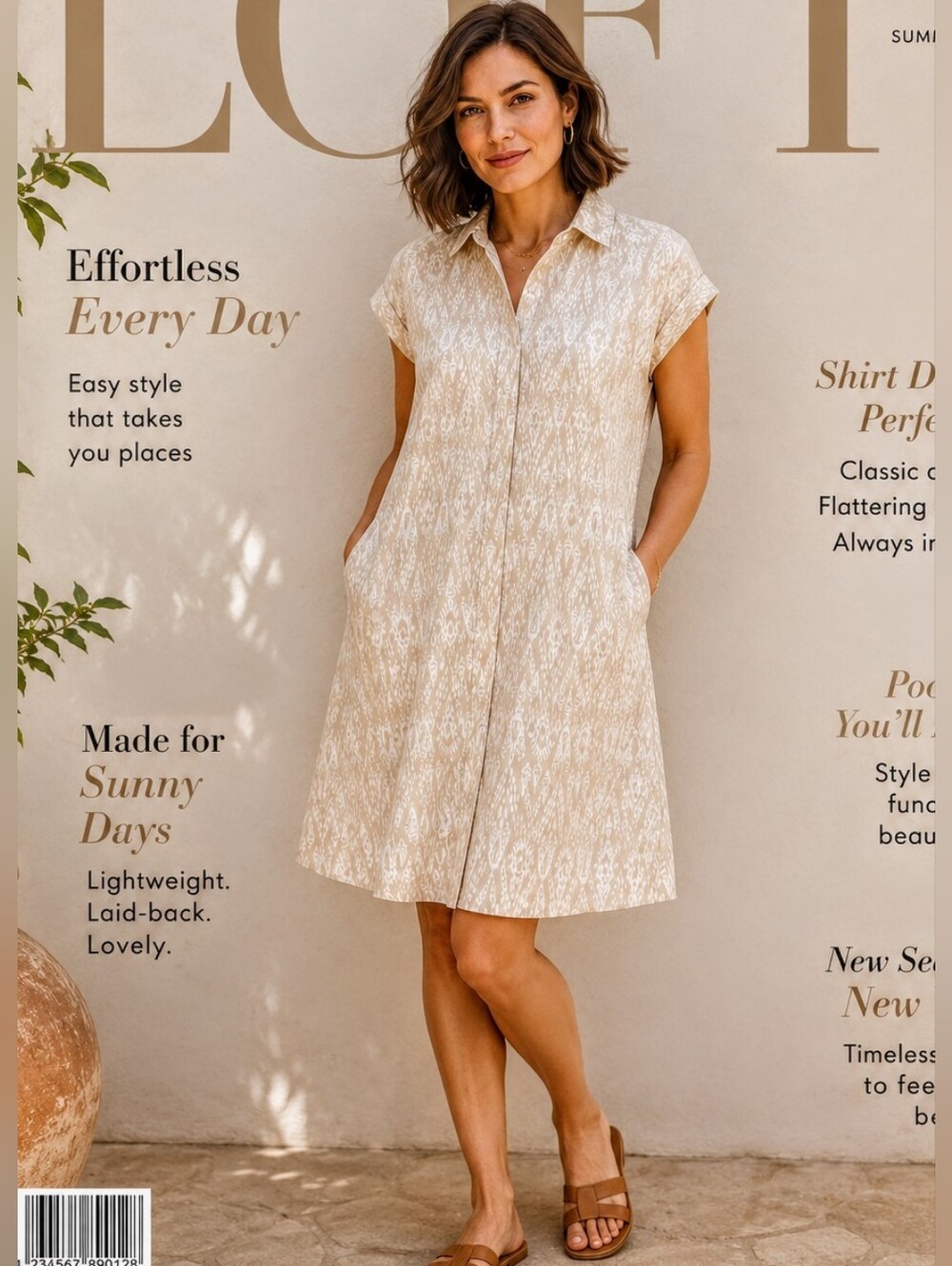 LOFT Ikat Poplin Tan/White print Cuffed Slv Shirtdress Sz XS ( S-M-L) NWOT